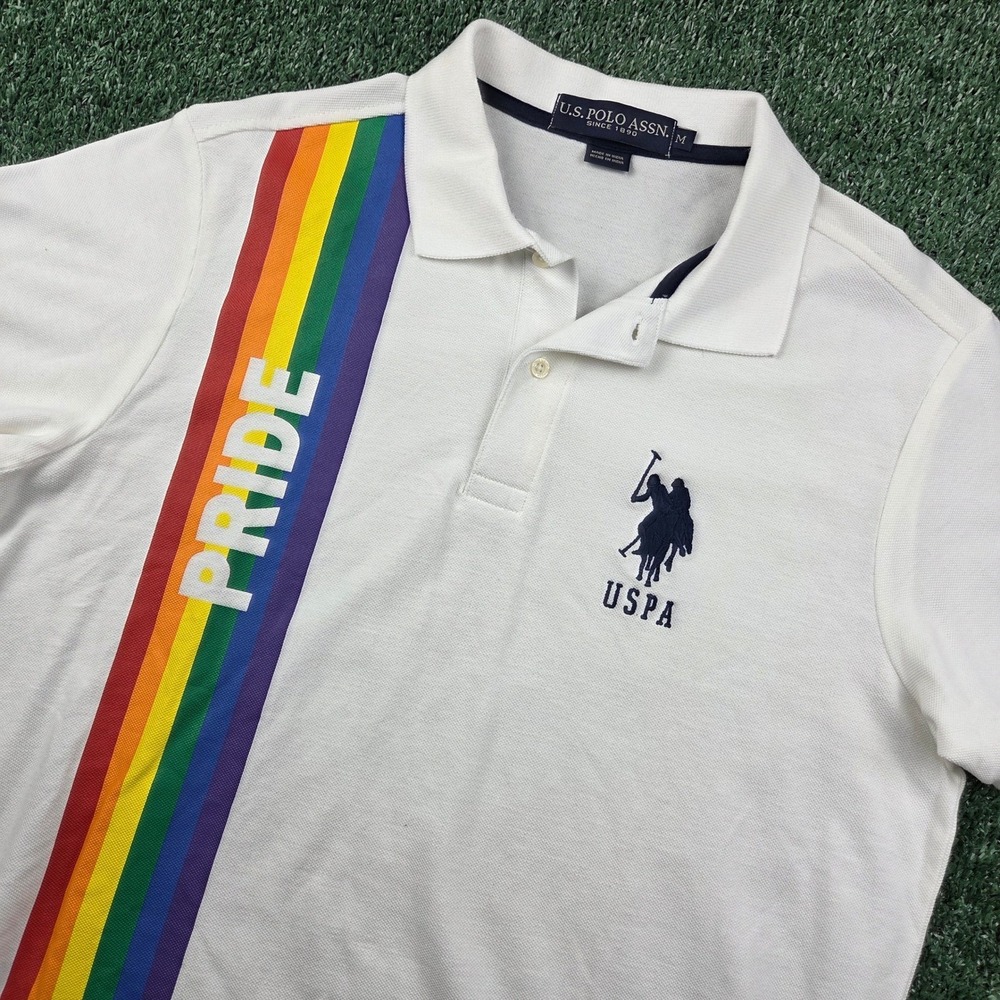 US Polo Assn Mens Pride Polo Shirt White Rainbow Stripe Logo Medium